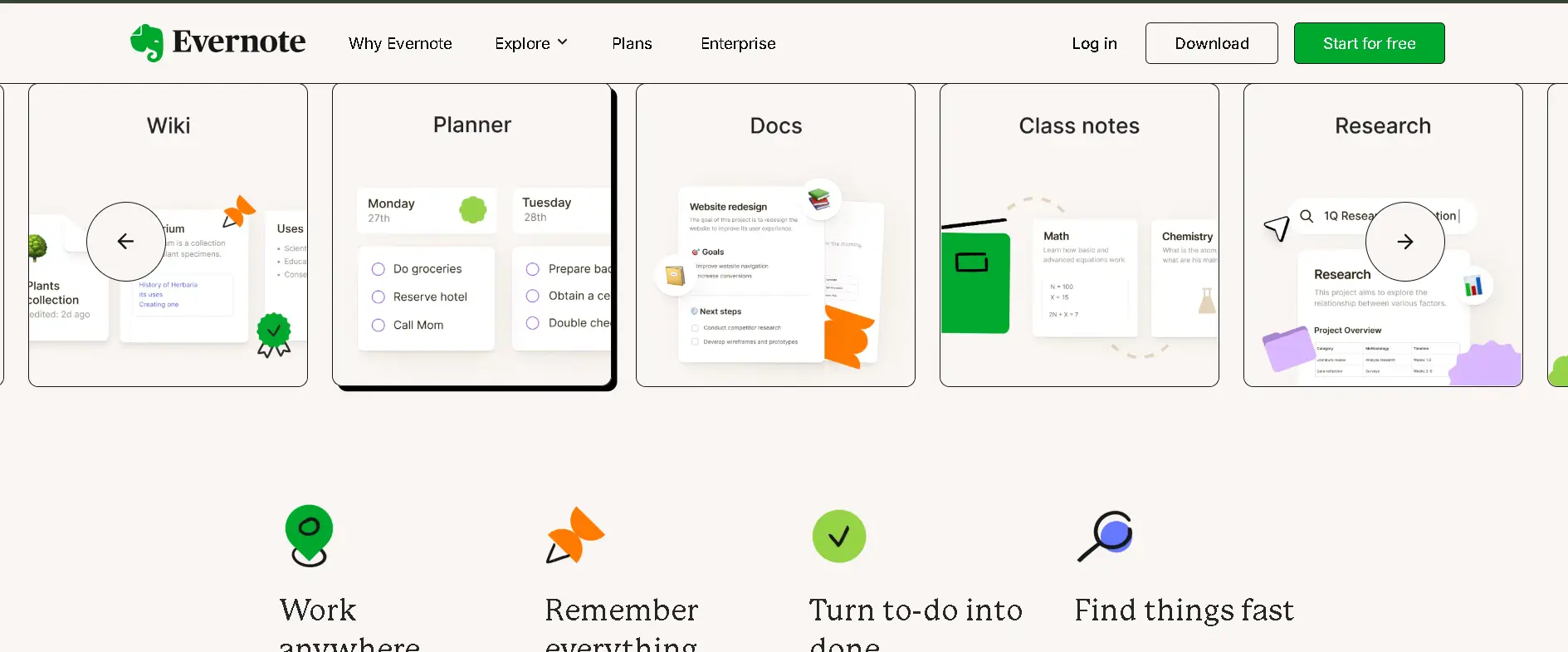 Evernote app showing categorized student notes